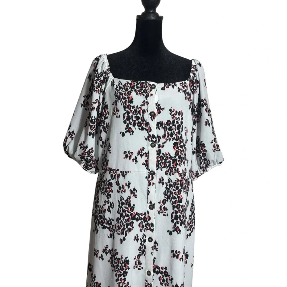 Ophelia Roe Lightweight Balloon Sleeve Chic Floral Black/White/Red Midi Dress